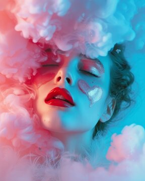 Artistic portrait of a young woman surrounded by smoke with colorful lighting and creative makeup