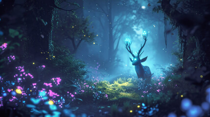 Fototapeta na wymiar Enchanted forest scene with mystical deer and glowing flowers. Fantasy and magic.