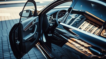 Side view of the open driver's door, dashboard of the car. Left front door. A new modern shiny parked black car. Interior luxury car with tinted glass standing at parking. - obrazy, fototapety, plakaty