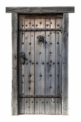 Studio shot of a entrance metal door with wooden covering Isolated on white background  