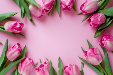 Elegant pink tulips arranged on a soft pink backdrop, creating a border with space for text in the middle