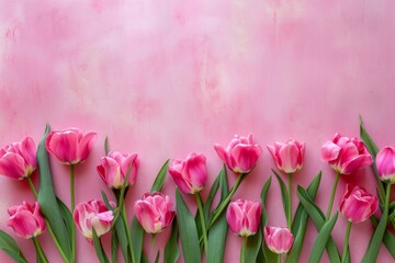 Vivid pink tulips line the bottom edge of a textured pink background leaving ample negative space