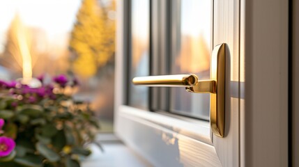stylish handle on the window frame in gold color.  - obrazy, fototapety, plakaty