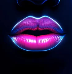 Fotobehang Close-up of woman's lips, pink and blue neon lipstick color. Dark background. Generative AI. © Alena
