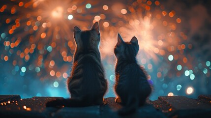 Silhouetted cats sit attentively as colorful fireworks illuminate the night sky above them