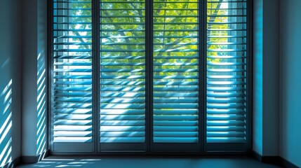 under-exposure view of a window with shutter in a living room. Aluminium louver stripe pattern sunblind windows shutter at the office building. home modern decoration. window blinds