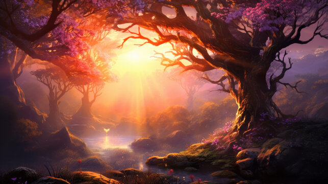 Enchanted forest scene with mystical trees and magical light. Fantasy background.