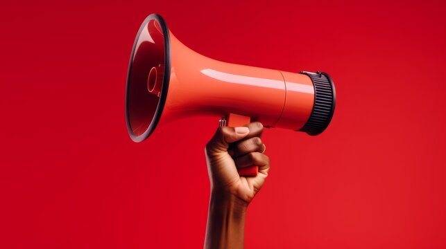 Empowering megaphone protest: woman's voice for human rights, strong opinion, or broadcast - speech, fist, and gen z advocates on red background - call to action for change