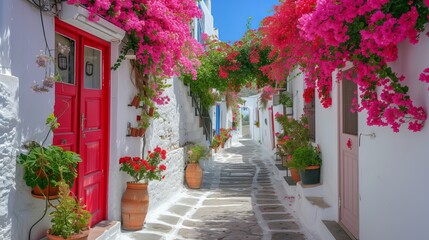 Fototapeta na wymiar View of white street and flowers in Bodrum city of Turkey. Aegean style colorful street, wall, house and flowers in Santorini. White wall, red doors and flowers. 