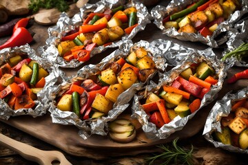  foil-wrapped packets of seasoned vegetables, roasting over the campfire - obrazy, fototapety, plakaty