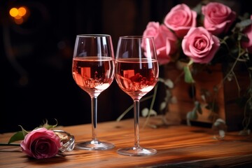 Romantic dinner and a bouquet of flowers and two glasses of red wine on a wooden table