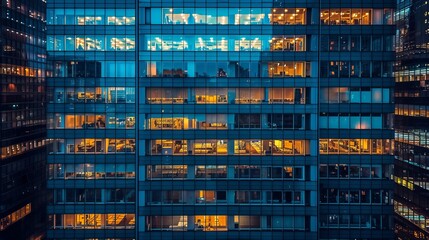 Windows in a high-rise office building in the late evening with glowing and blinking interior lights timelapse. Aerial top view  