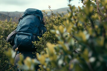 hiker with a backpack quietly watching through the bushes