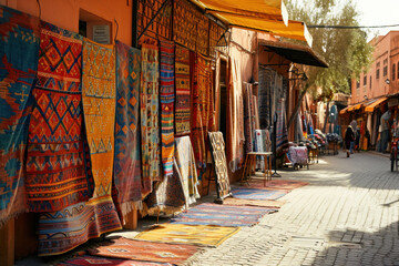Traditional Moroccan rugs on display in vibrant market street. Cultural craftsmanship.