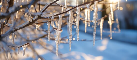 Icicles hanging from tree branches in close-up view. - Powered by Adobe