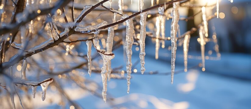 Icicles hanging from tree branches in close-up view.