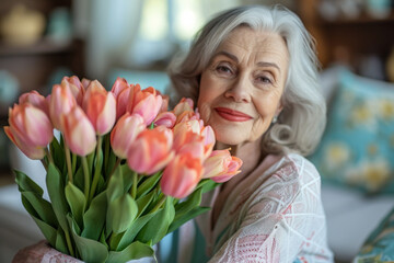 Elegant senior woman with bouquet of tulips at home. Ageing gracefully.