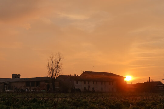Farmhouse sunset Po Valley landscape sun backlight