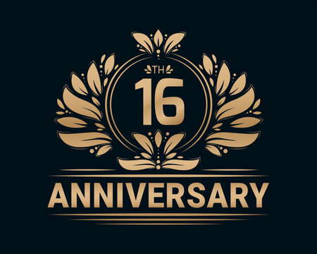 16th Anniversary Royal Golden Design. Anniversary celebration decorative illustration.