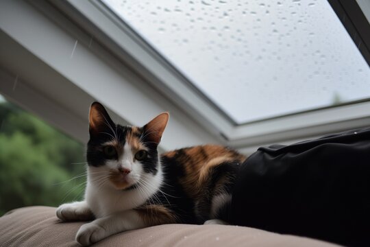 calico cat on an armrest, rain visible through a nearby skylight