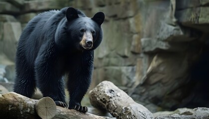 American black bear stands on logs