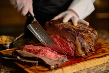 chef slicing a perfectly cooked prime rib on a carving board