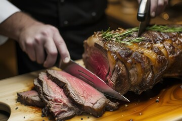 chef slicing a perfectly cooked prime rib on a carving board - obrazy, fototapety, plakaty