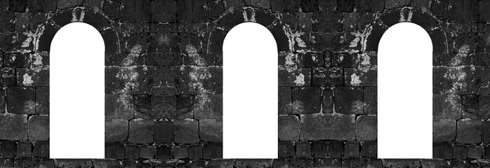 mock-up. exterior View from the ancient stone window, Medieval stone arch, mockup. Arch in stone...