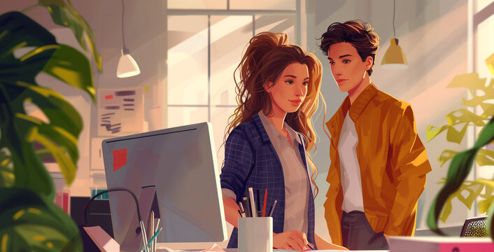 Dynamic Collaboration: Young Cartoon Business Minds at Work