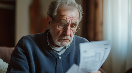 Fototapeta premium Bad news. Worried senior man and feels disappointed, stressed. Payment of electricity and heating bills. High taxes, financial problem, small pension concept