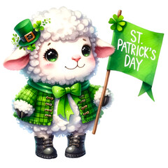 St Patrick's day cute sheep holding cute banner watercolor. 