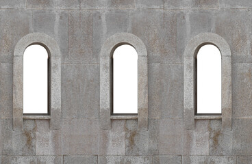 mockup. 3 three white empty Windows in granite stone wall background. mock up. Arch shaped window and window box. mock-up.