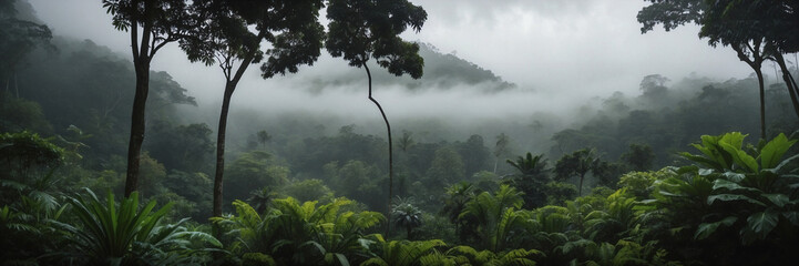 Mysterious allure of a jungle veiled in mystical fog. Tailor-made for tourism campaigns, travel...