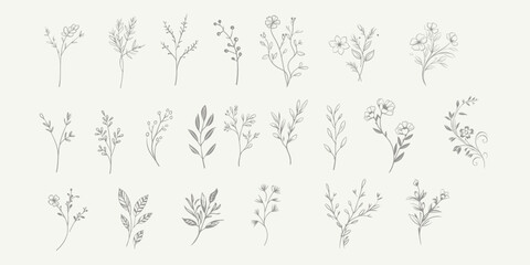 Set Floral branch and minimalist leaves for logo or tattoo. Hand drawn line wedding