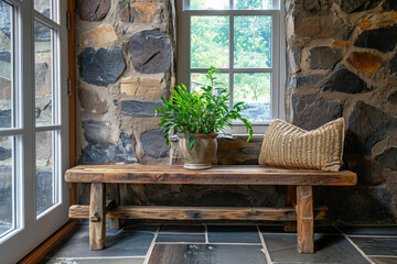 Cozy interior design with stone wall, green plant, and wooden bench. Home decoration and design.