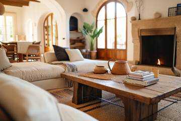 Cozy living room interior with fireplace and warm natural light. Home comfort and design.
