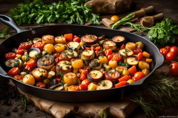 a campfire skillet, filled with vegetables and herbs, 