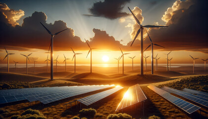 Clean Energy Landscape: Solar Panes Grid and Windmill Wind Turbines - obrazy, fototapety, plakaty