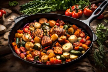 a campfire skillet, filled with vegetables and herbs, creating a wholesome and aromatic outdoor meal