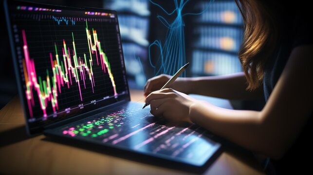 A woman hands writing information about stock market in notepad. Forex chart holograms in front. Concept of research., generative ai,