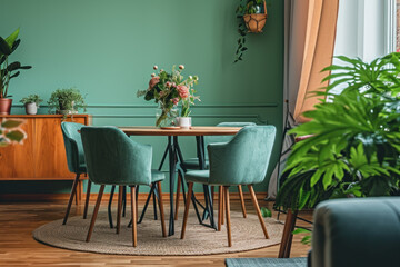 Modern dining room interior with elegant table setting and houseplants. Home decor and design.