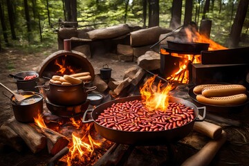 a pot of beans and hot dogs simmering to perfection in the campfire glow.