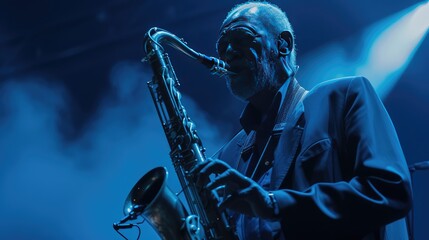 Man playing saxophone on stage, AI generated Image - obrazy, fototapety, plakaty