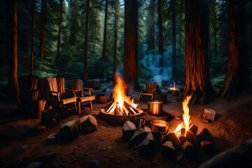 campfire in the forest - obrazy, fototapety, plakaty