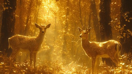 Fototapeta premium Golden Deer in the Sunlight: A Glimmering Moment in Time Generative AI