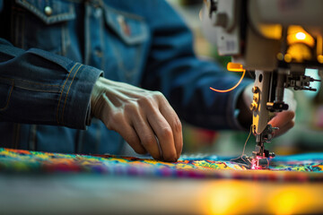 Tailor working on sewing machine with colorful fabric. Craftsmanship and fashion design.