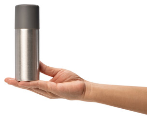 Female hand holding a spray can on white background, Silver perfume spray can or deodorizing spray isoalate on white PNG file.