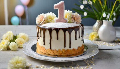 Festive birthday cream cake one-year-old child, number 1 year anniversary celebration, Sweet food