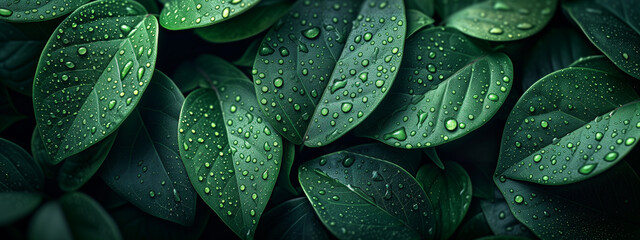 Abstract Green leaves with water droplets background. Concept of ecology and healthy environment.