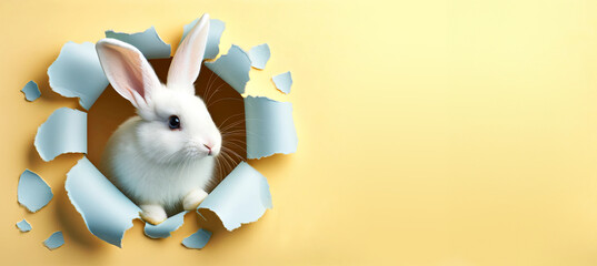 Playful White Bunny Emerging Through Ripped Paper Easter Background